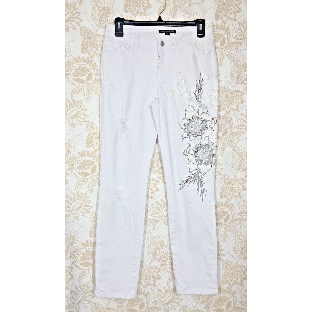 Boston Proper White Embellished Jeans 4 Distress Bridal Bachelorette Sequin Lace